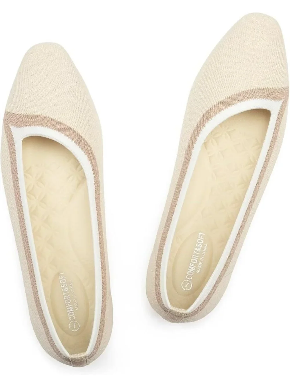 Frank Mully Women's Beige Rubber Knitted Square Toe Comfortable Slip On Flats